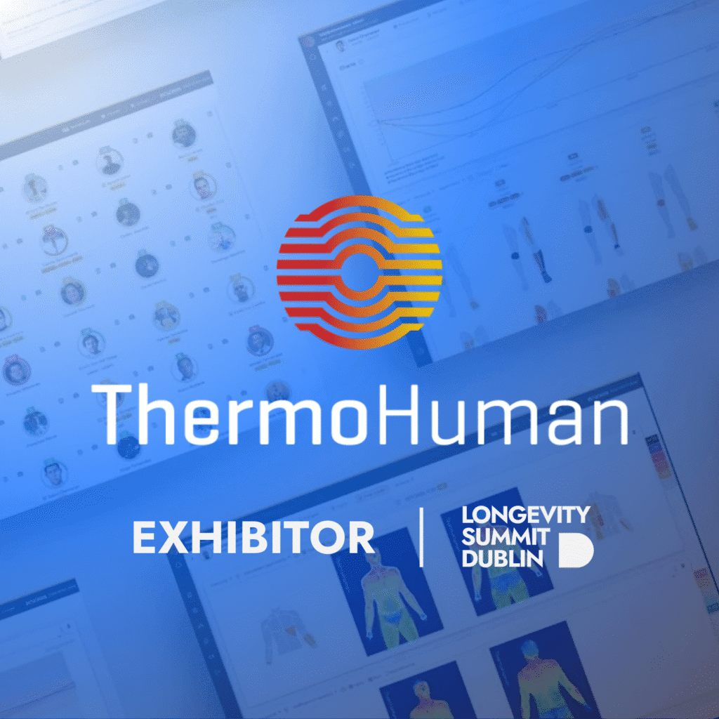 ThermoHuman exhibitor banner for Longevity Summit Dublin 2025, showcasing AI thermography software interface used for detecting inflammation and physiological stress